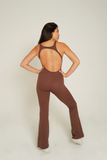 SPORTYFLEX- CHOCOLATE OPEN-BACK FLARE JUMPSUIT