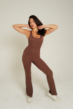 SPORTYFLEX- CHOCOLATE OPEN-BACK FLARE JUMPSUIT
