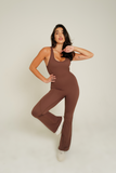 SPORTYFLEX- CHOCOLATE OPEN-BACK FLARE JUMPSUIT