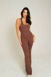 SPORTYFLEX- CHOCOLATE OPEN-BACK FLARE JUMPSUIT