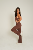SPORTYFLEX- CHOCOLATE OPEN-BACK FLARE JUMPSUIT