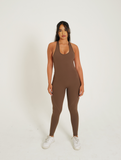 SPORTYFLEX- MOCHA OPEN RACERBACK JUMPSUIT